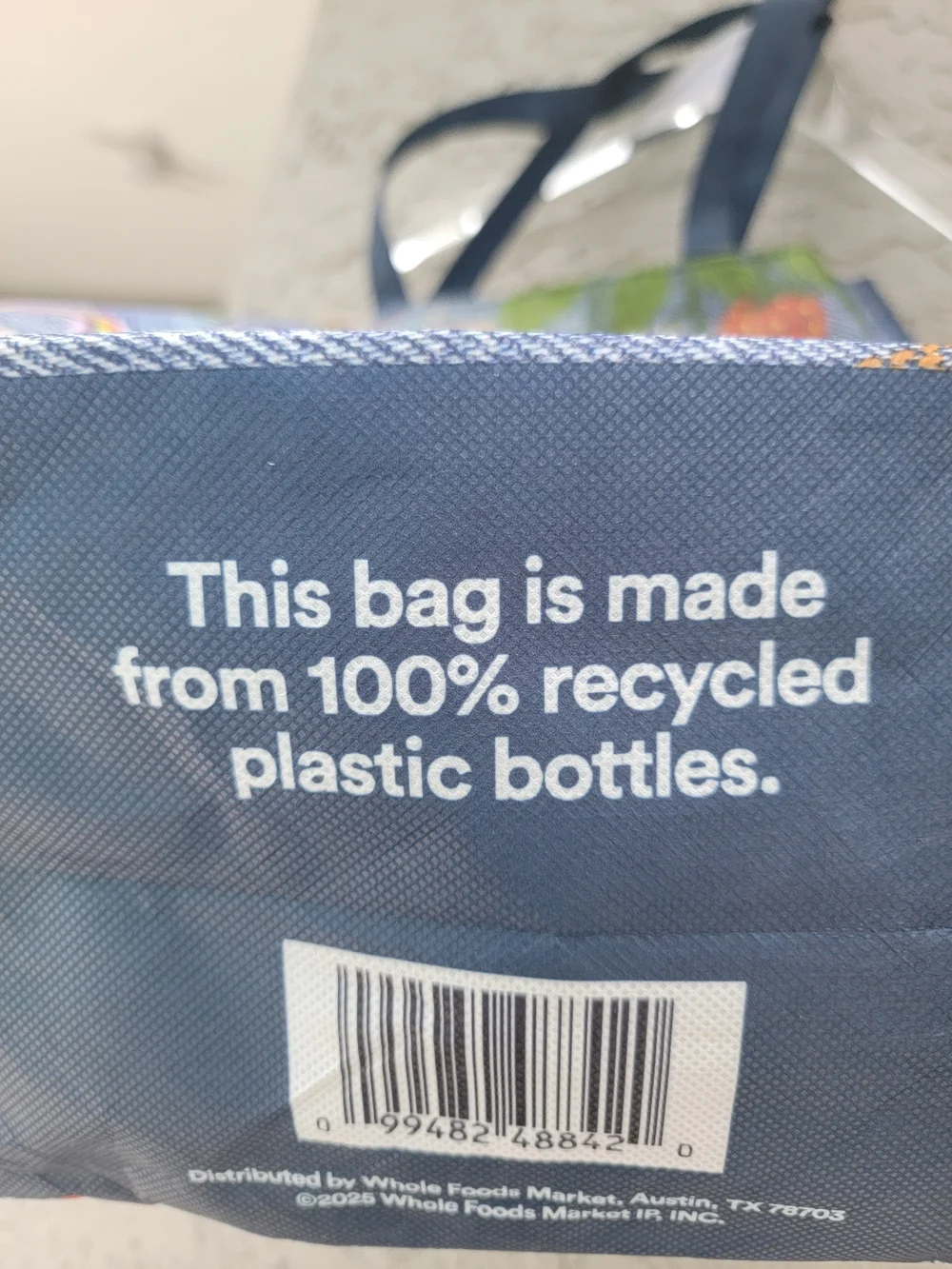 Whole Foods Denim Print Reusable Market Tote Bag Sustainable Grocery Carryall